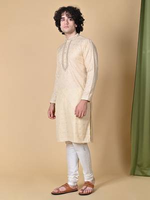 Fawn Jacquard Kurta Churidar Set for Men 8