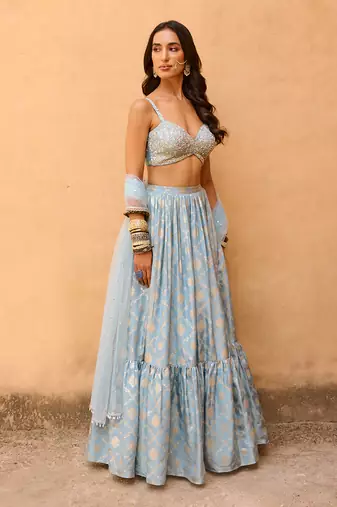 Hazel Blue Raw Silk Lehenga Set