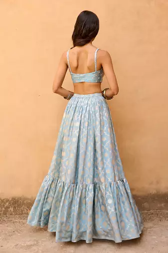 Hazel Blue Raw Silk Lehenga Set