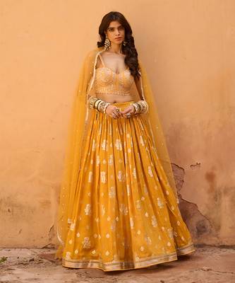Mustard Yellow Raw Silk Lehenga Set 1