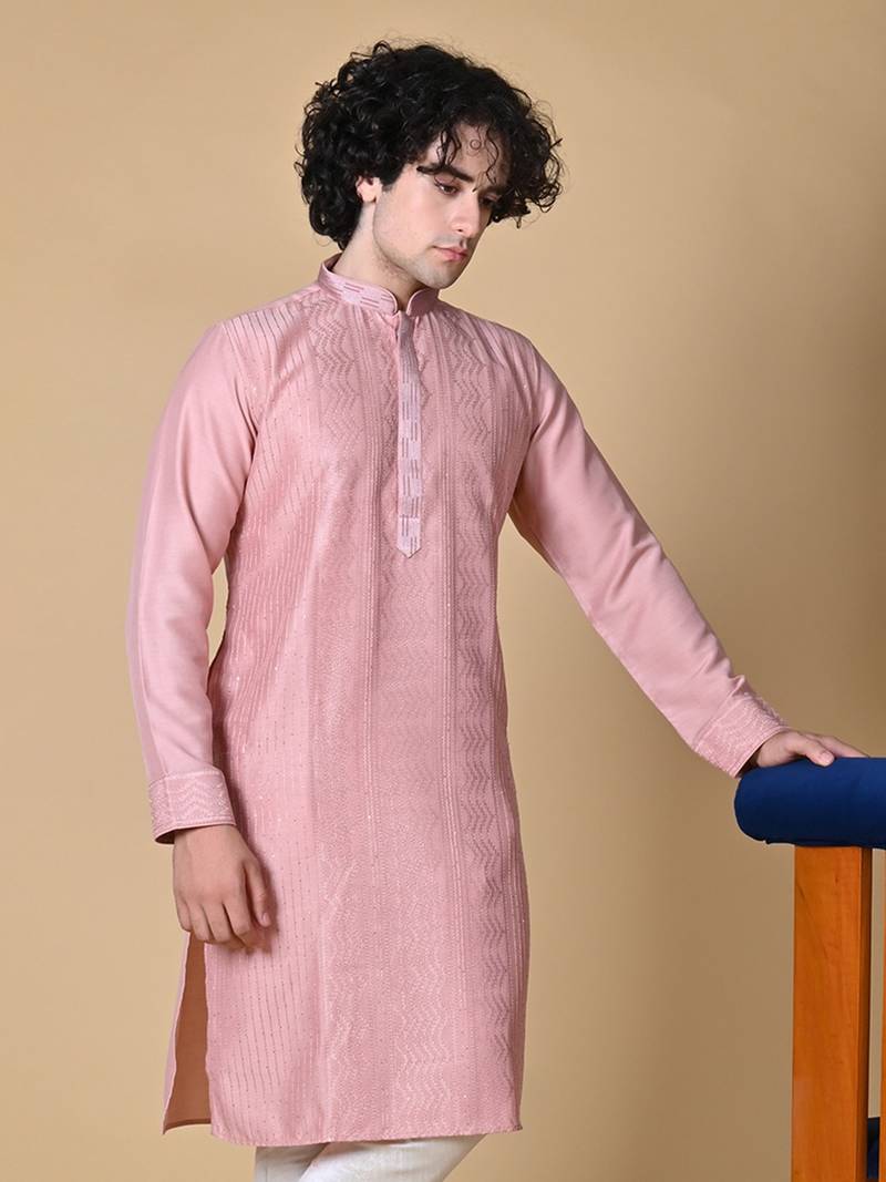 Maahii Fabs Peach Masulin Silk Kurta Churidar Set for Men