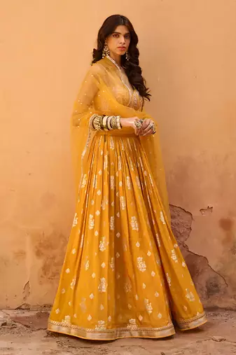 Mustard Yellow Raw Silk Lehenga Set