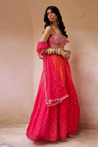 Pink And Coral Shaded Georgette Lehenga Set