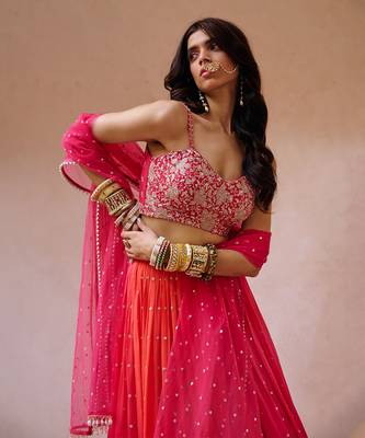 Pink And Coral Shaded Georgette Lehenga Set 4