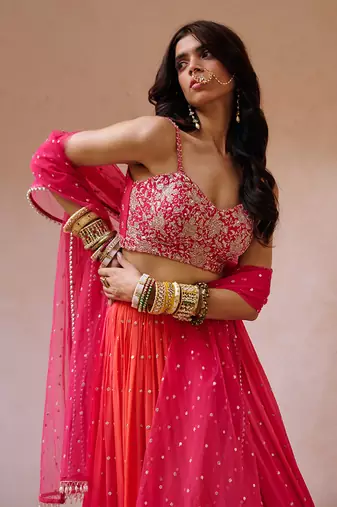 Pink And Coral Shaded Georgette Lehenga Set