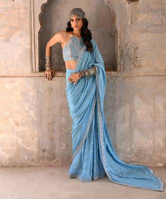Hazel blue georgette saree set 1
