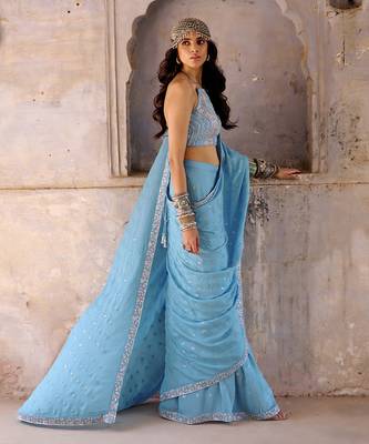 Hazel blue georgette saree set 3