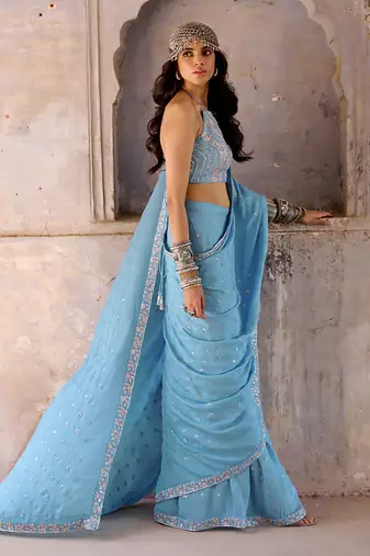 Hazel blue georgette saree set