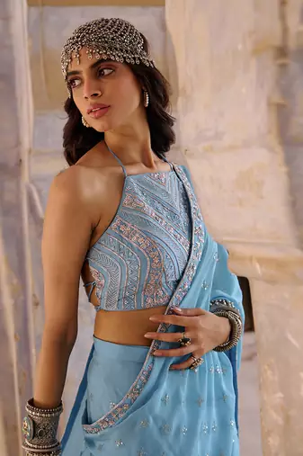 Hazel blue georgette saree set