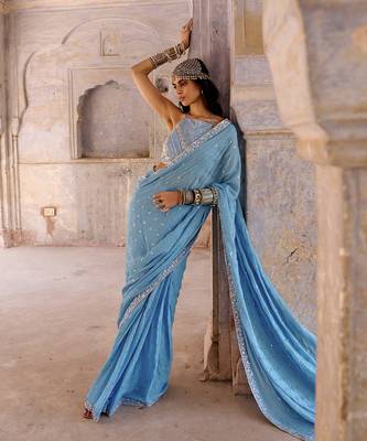 Hazel blue georgette saree set 5