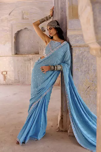 Hazel blue georgette saree set