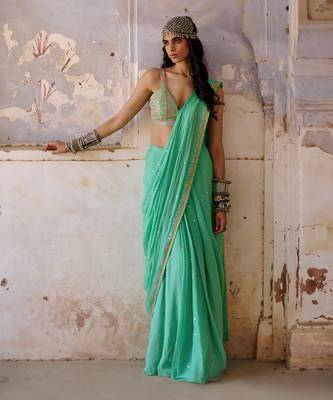 Sea green georgette saree set 1