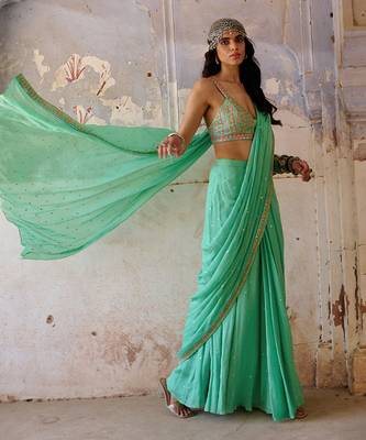 Sea green georgette saree set 2