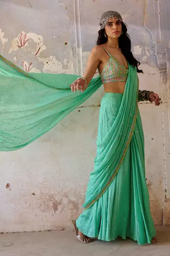 Sea green georgette saree set