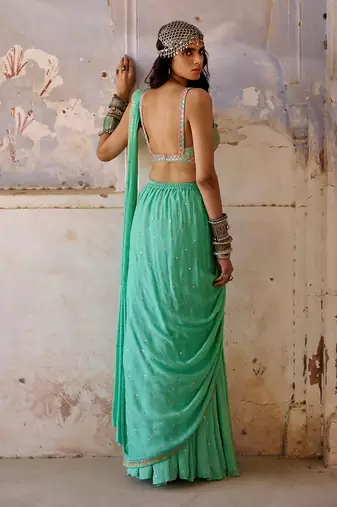 Sea green georgette saree set