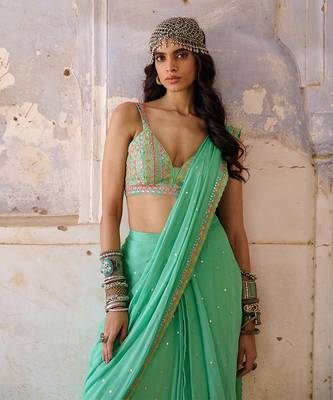 Sea green georgette saree set 4