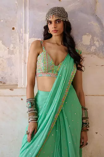 Sea green georgette saree set