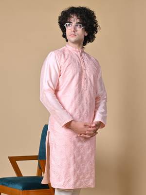 Maahii Fabs Peach Silk Blend Kurta Churidar Set for Men 1