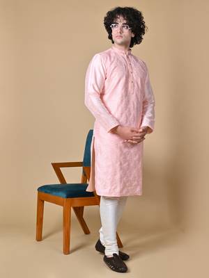 Maahii Fabs Peach Silk Blend Kurta Churidar Set for Men 2