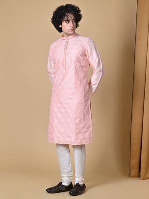 Maahii Fabs Peach Silk Blend Kurta Churidar Set for Men 6