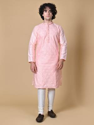 Maahii Fabs Peach Silk Blend Kurta Churidar Set for Men 7