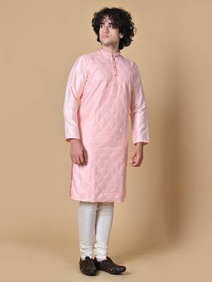 Maahii Fabs Peach Silk Blend Kurta Churidar Set for Men 8