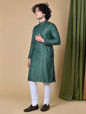 Maahii Fabs Bottle Green Rayon Silk Kurta Churidar Set for Men 1