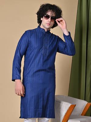 Maahii Fabs Navy Blue Rayon Silk Kurta Churidar Set for Men 1