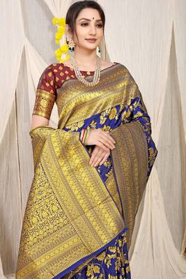 Blue pure silk with gold zari Faux kanchipuram saree with blouse 2