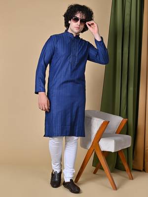 Maahii Fabs Navy Blue Rayon Silk Kurta Churidar Set for Men 2