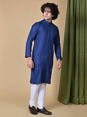Maahii Fabs Navy Blue Rayon Silk Kurta Churidar Set for Men 6