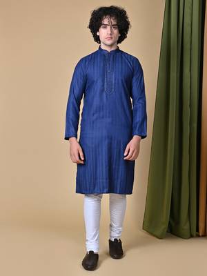 Maahii Fabs Navy Blue Rayon Silk Kurta Churidar Set for Men 7