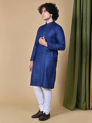 Maahii Fabs Navy Blue Rayon Silk Kurta Churidar Set for Men 8