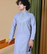 Grey Cotton Silk blend Kurta Churidar Set for Men