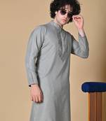 LightGrey Cotton blend Kurta Churidar Set for Men