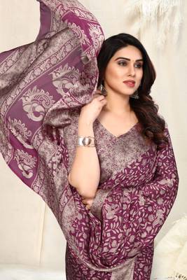 Magenta Chiffon Peacock Madhubani Print Saree With Unstitched Blouse Piece 1