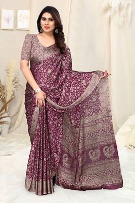 Magenta Chiffon Peacock Madhubani Print Saree With Unstitched Blouse Piece 2