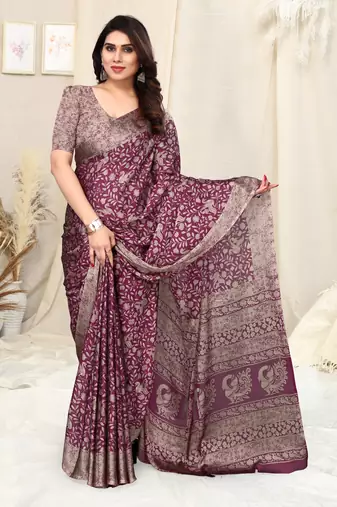 Magenta Chiffon Peacock Madhubani Print Saree With Unstitched Blouse Piece