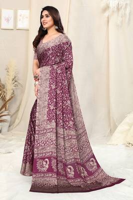 Magenta Chiffon Peacock Madhubani Print Saree With Unstitched Blouse Piece 3