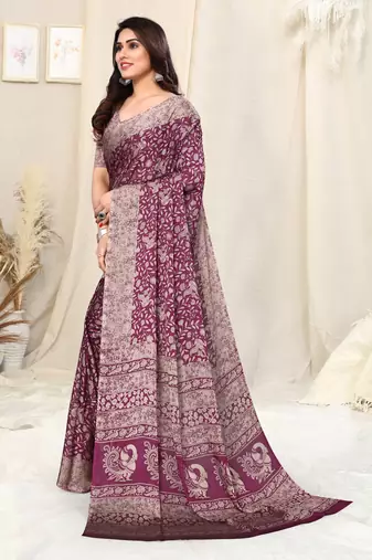 Magenta Chiffon Peacock Madhubani Print Saree With Unstitched Blouse Piece