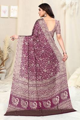 Magenta Chiffon Peacock Madhubani Print Saree With Unstitched Blouse Piece 4