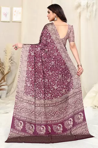 Magenta Chiffon Peacock Madhubani Print Saree With Unstitched Blouse Piece