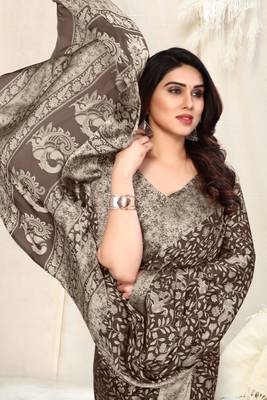 Brown Chiffon Peacock Madhubani Print Saree With Unstitched Blouse Piece 1