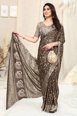 Brown Chiffon Peacock Madhubani Print Saree With Unstitched Blouse Piece 2