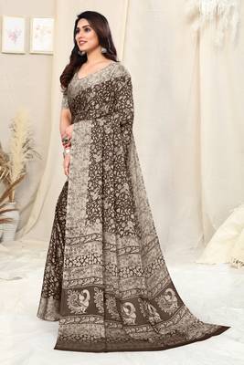 Brown Chiffon Peacock Madhubani Print Saree With Unstitched Blouse Piece 3