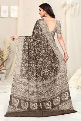 Brown Chiffon Peacock Madhubani Print Saree With Unstitched Blouse Piece 4