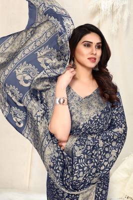 Navy Blue Chiffon Peacock Madhubani Print Saree With Unstitched Blouse Piece 1