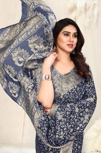 Navy Blue Chiffon Peacock Madhubani Print Saree With Unstitched Blouse Piece