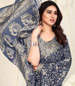 Navy Blue Chiffon Peacock Madhubani Print Saree With Unstitched Blouse Piece