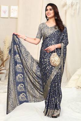 Navy Blue Chiffon Peacock Madhubani Print Saree With Unstitched Blouse Piece 2